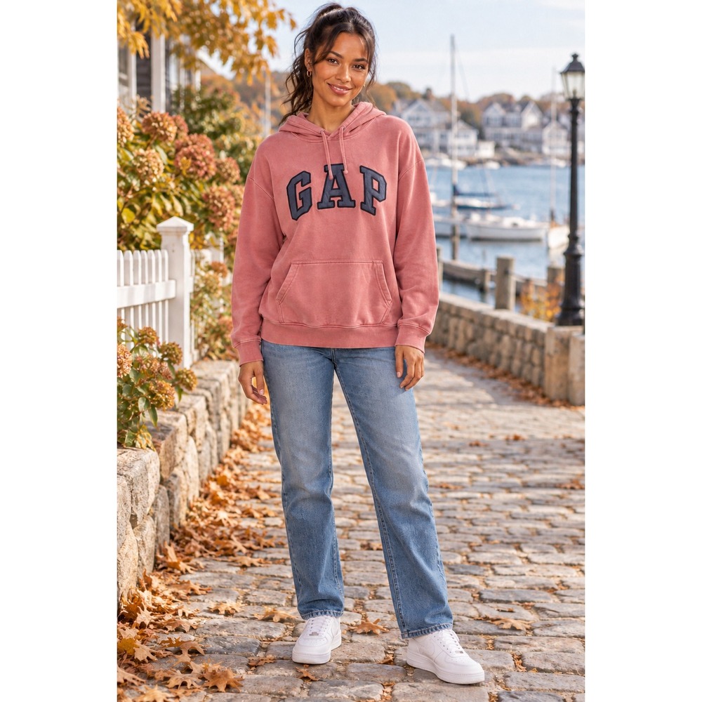 GAP Hoodie Large Dusty Rose Appliqué Logo Pullover Sweatshirt